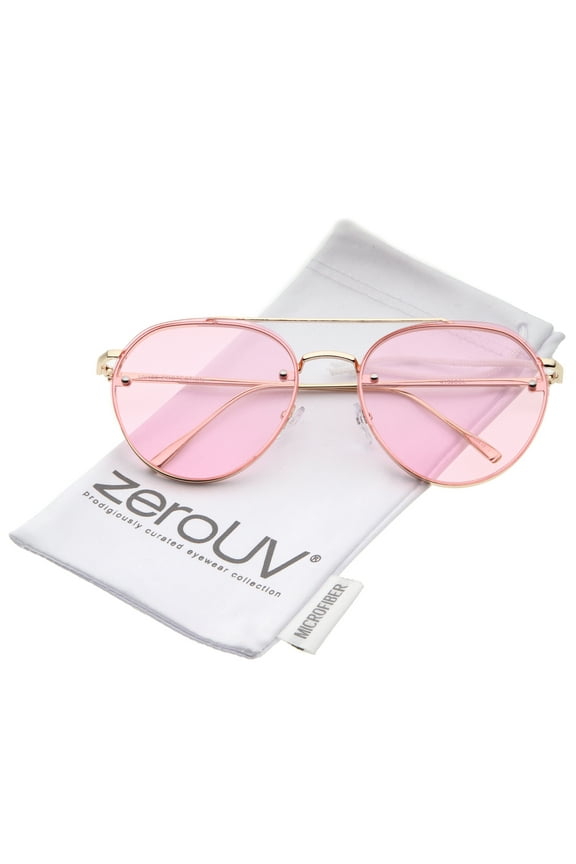 Unisex Modern Slim Temples Brow Bar Rimless Colored Flat Lens Aviator Sunglasses 59mm (Gold / Pink) - 59mm
