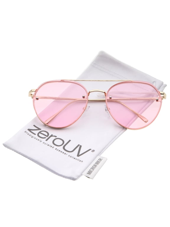 Unisex Modern Slim Temples Brow Bar Rimless Colored Flat Lens Aviator Sunglasses 59mm (Gold / Pink) - 59mm