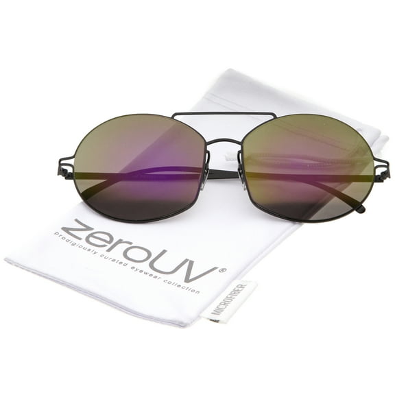 zeroUV Unisex Modern Thin Metal Frame Brow Bar Colored Mirror Lens Round Sunglasses 59mm (Black / Purple Mirror) - 59mm
