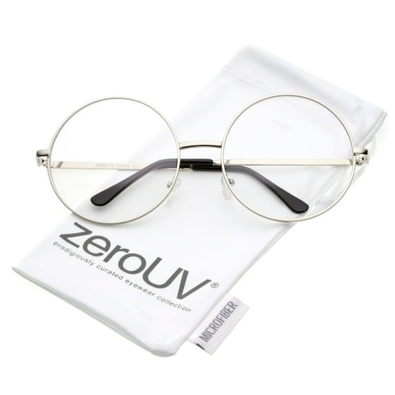 zeroUV Unisex Oversize Metal Frame Slim Temple Clear Lens Round Eyeglasses 60mm (Silver / Clear) - 60mm