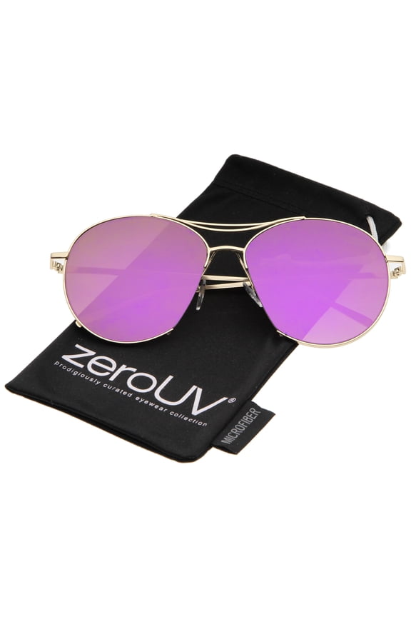 Unisex Oversized Thin Metal Frame Semi-Rimless Colored Mirror Flat Lens Aviator Sunglasses 60mm (Gold / Purple Mirror) - 60mm