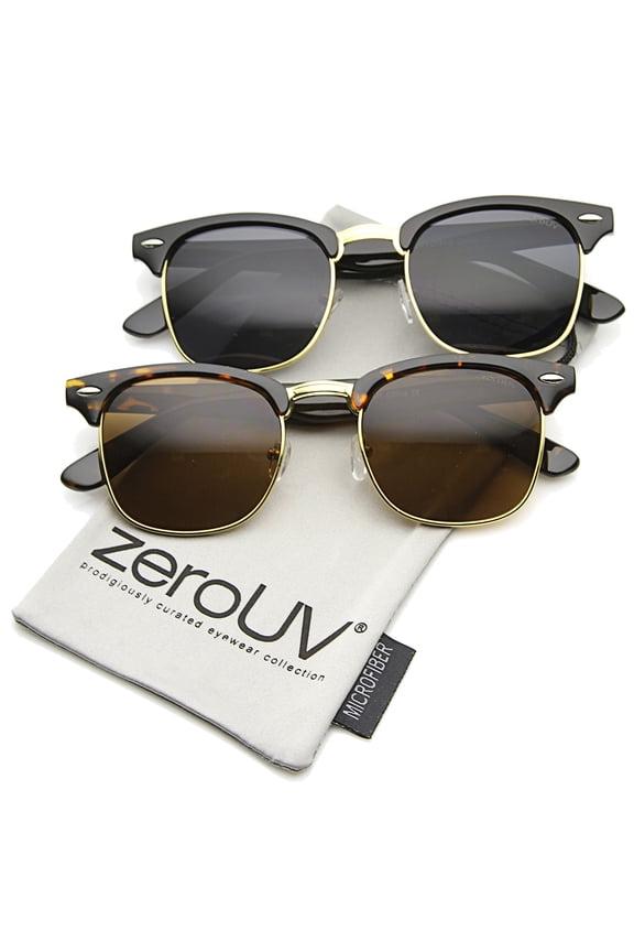 Unisex Premium Half Frame Horn Rimmed Sunglasses with Metal Rivets (2-Pack | Black/Smoke + Tortoise/Brown) - 50mm