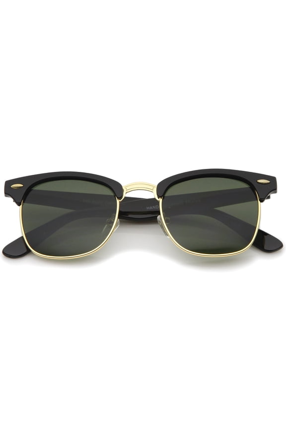 Unisex Premium Half Frame Horn Rimmed Sunglasses with Metal Rivets (Black-Gold / Green) - 50mm