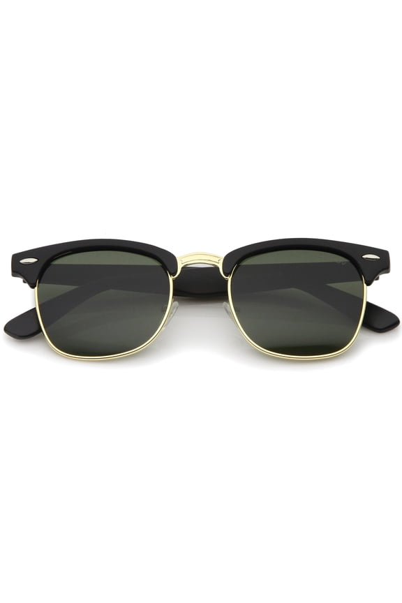 Unisex Premium Half Frame Horn Rimmed Sunglasses with Metal Rivets (Matte-Rubber Black-Gold / Green) - 50mm