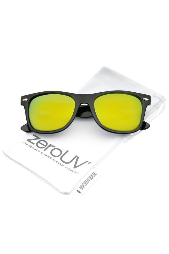 Unisex Retro Colored Mirror Polarized Lens Square Horn Rimmed Sunglasses 55mm (Black / Yellow Mirror Polarized) - 55mm