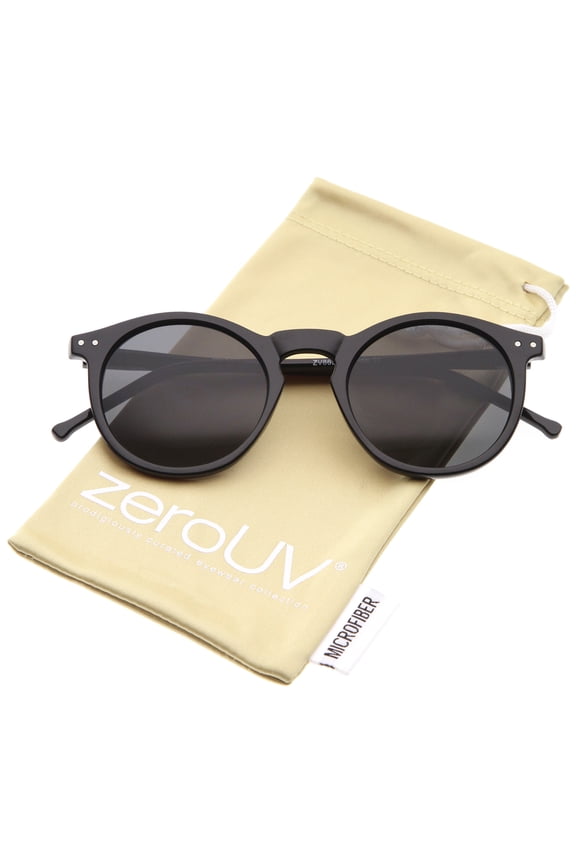 Unisex Retro Horn Rimmed Keyhole Nose Bridge P3 Round Sunglasses 49mm (Shiny Black / Smoke) - 49mm