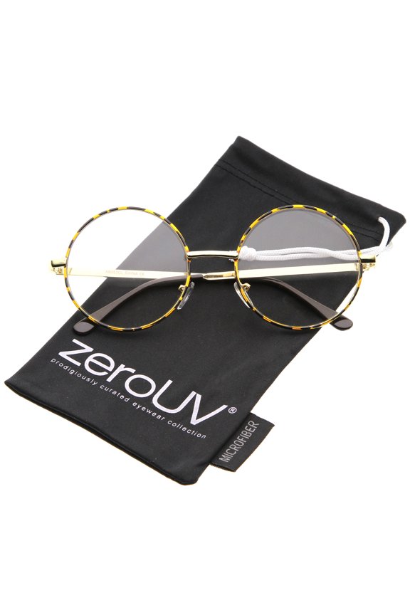 Unisex Retro Lennon Style Mid Size Metal Frame Clear Lens Round Glasses 51mm (Tortoise-Gold / Clear) - 51mm