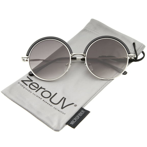 zeroUV Unisex Retro Metal Frame Thin Temple Top Trim Flat Lens Round Sunglasses (Black-Silver / Lavender) - 51mm