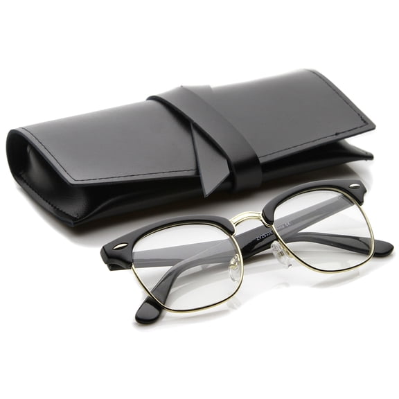 zeroUV Unisex Retro Square Clear Lens Horn Rimmed Half-Frame Eyeglasses 50mm (Black-Gold /Clear) - 50mm