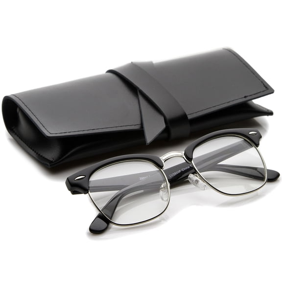 zeroUV Unisex Retro Square Clear Lens Horn Rimmed Half-Frame Eyeglasses 50mm (Black-Silver / Clear) - 50mm