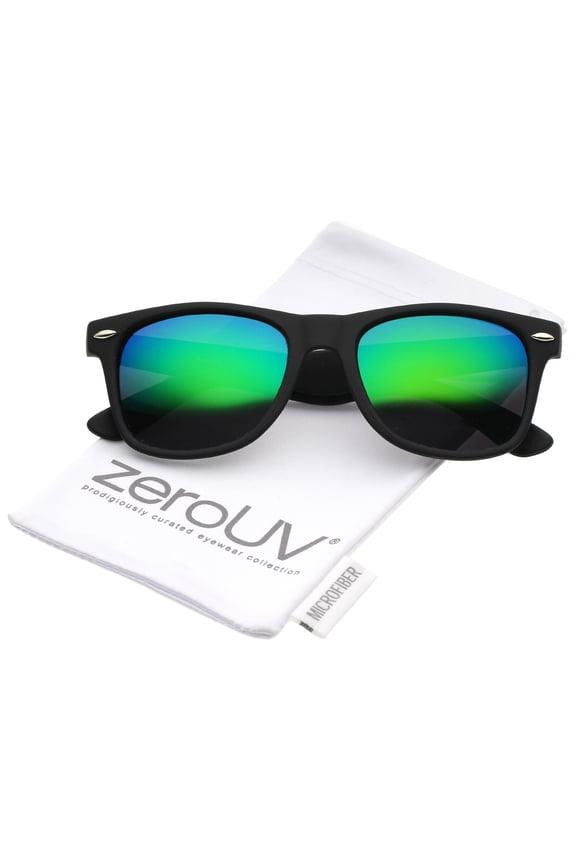 Unisex Rubberized Frame Mirror Polarized Lens Square Horn Rimmed Sunglasses 55mm (Black / Green Mirror Polarized) - 55mm
