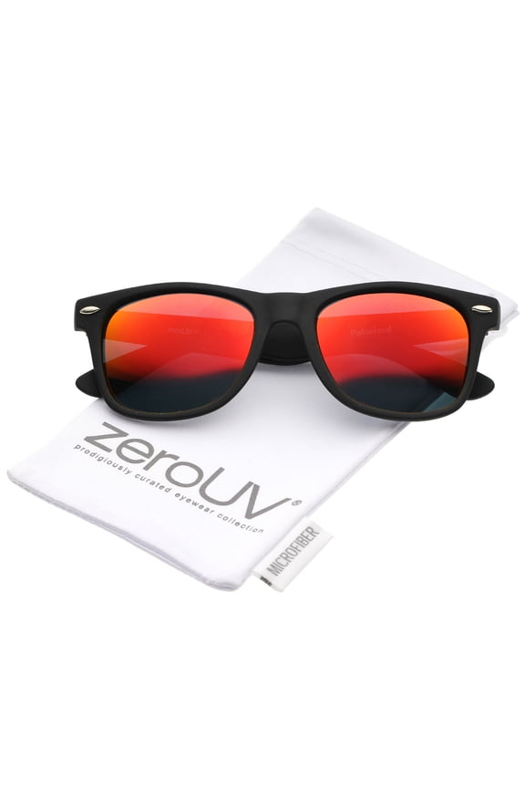 Unisex Rubberized Frame Mirror Polarized Lens Square Horn Rimmed Sunglasses 55mm (Black / Red Mirror Polarized) - 55mm