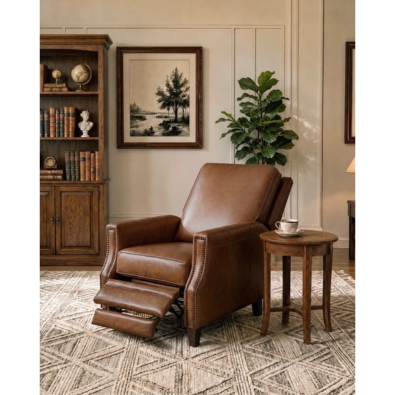 Genuine Leather Pushback Recliner Chair, Solid Wood Legs, Ergonomic High-Back Reclining Accent Chair with Rivet Trim, Easy to Clean, Easy Assembly, Thick Cushion for Living Room/Study,Dark Brown