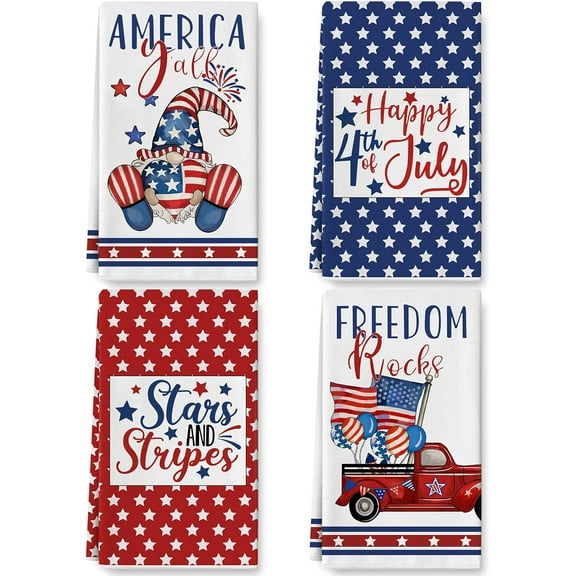 zeyuuu Patriotic Kitchen Dish Towel 4th of July Stars Stripes Dishcloth American Flag Truck Gnome Decorative Hand Drying Tea Towel for Independence Day Memorial Day Cooking Baking, 4Pcs, 18 x 26