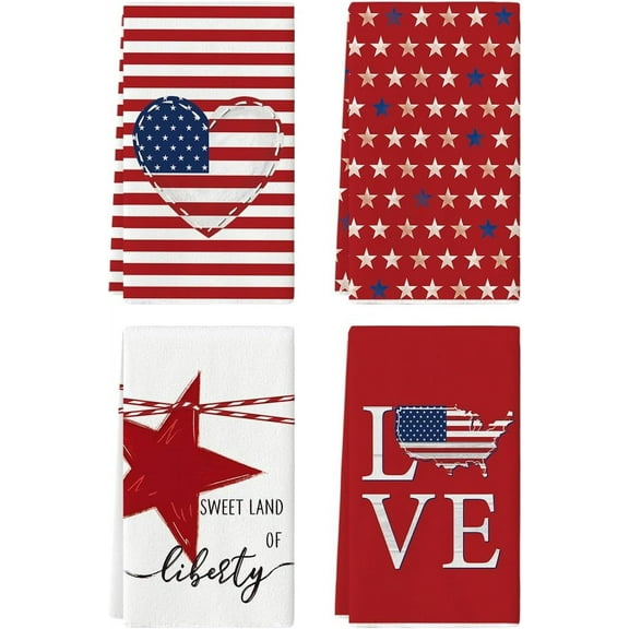 zeyuuu Stripe America Stars Love Patriotic 4th of July Kitchen Towels Dish Towels, 18x26 Inch Seasonal Summer Decoration Hand Towels Set of 4