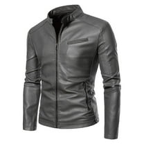 zfhfof Jackets for Men Faux Leather Motorcycle Jacket Vintage Lightweight Long Sleeve Stand Collar Slim Bomber Outwear Coat