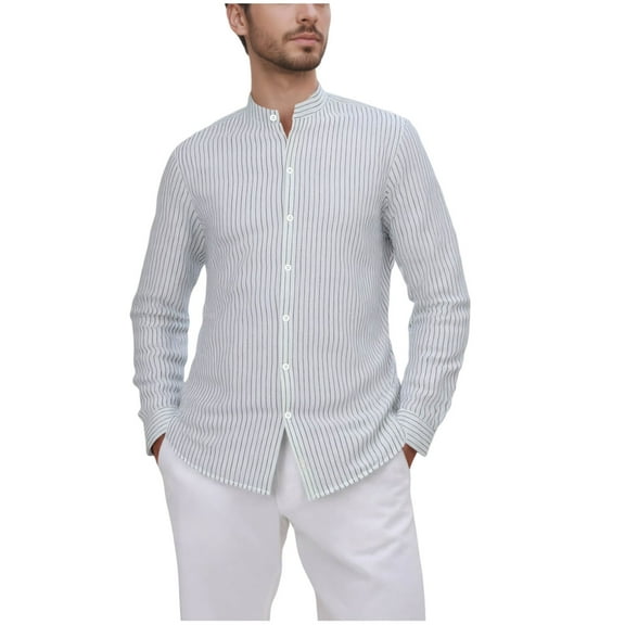 zfhfof Linen Shirts for Men Long Sleeve Casual Banded Collar Button Down Striped Dress Shirts Formal Beach Wedding Shirt