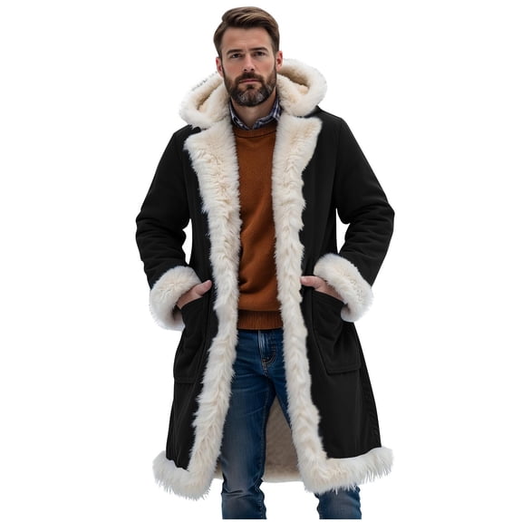 zfhfof Men Winter Coats with Hood Thicken Sherpa Fleece Lined Jackets Open Front Cardigan Warm Winter Long Trench Coat with Pockets