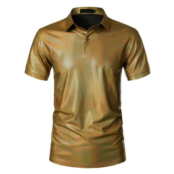 zfhfof Men's 70s Disco Shirts Shiny Metallic Short Sleeve Collared Party Polo Shirt Hipster Nightclub Prom T-Shirt