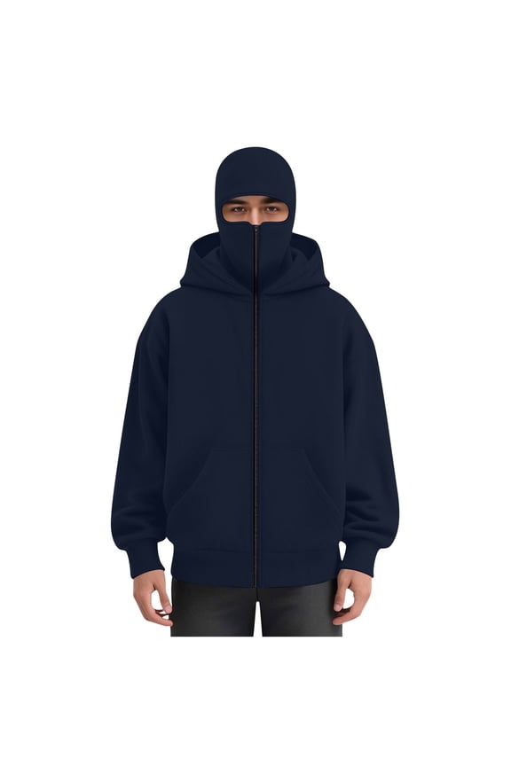 Men's Balaclava Hoodie with Face Mask Zip Up Hoodie Jacket Long Sleeve Double Layer Hooded Sweatshirt Casual Outwear
