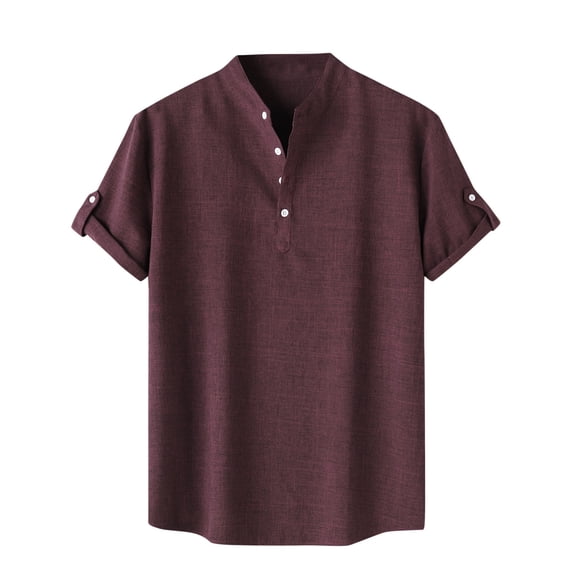 zfhfof Men's Casual Henley Shirt Short Sleeve Banded Collar Cotton Linen Shirt Summer Hawaiian Beach Hippie T-Shirts