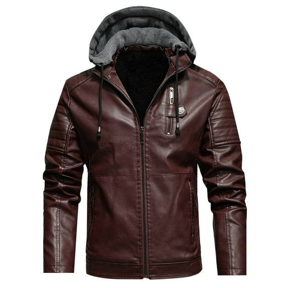 zfhfof Men’s Casual Stand Collar Faux Leather Jackets Zip-Up Motorcycle Bomber Jacket with Hood Winter Warm Fleece Lined Coat