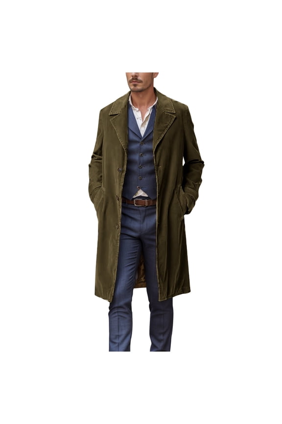 Men's Casual Trench Coat Slim Fit Notched Collar Long Jacket Overcoat Single Breasted Business Wool Pea Coat wih Pockets
