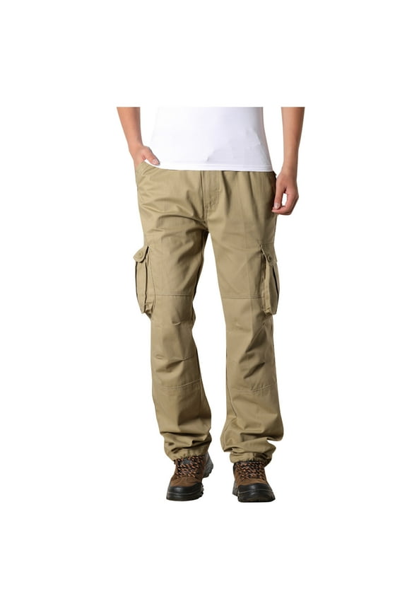Men's Cotton Casual Cargo Work Pants Baggy Outdoor Hiking Combat Trousers Straight Leg Long Pants with Multi Pockets