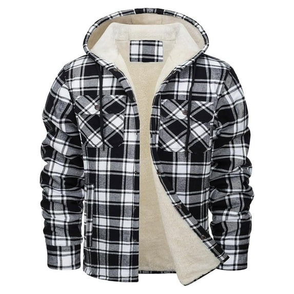 zfhfof Men's Cotton Hoodies Plaid Shirts Jacket Fleece Lined Flannel Shirts Sherpa Button Up Jackets Warm Coat with Hood for Men