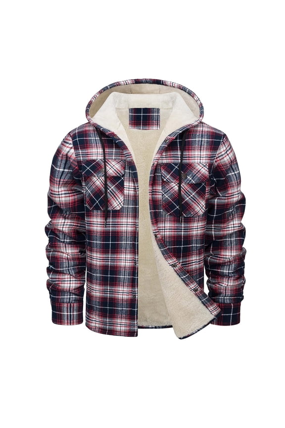 Men's Cotton Hoodies Plaid Shirts Jacket Fleece Lined Flannel Shirts Sherpa Button Up Jackets Warm Coat with Hood for Men