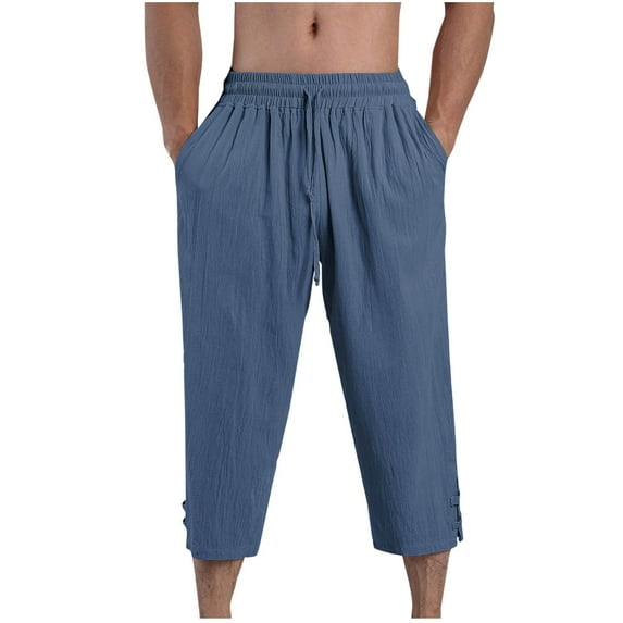 zfhfof Men's Cotton Linen Capri Pants Drawstring Casual Cropped Trousers Lightweight Loose Beach Yoga Pants with Pockets