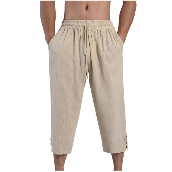 zfhfof Men's Cotton Linen Capri Pants Drawstring Casual Cropped Trousers Lightweight Loose Beach Yoga Pants with Pockets