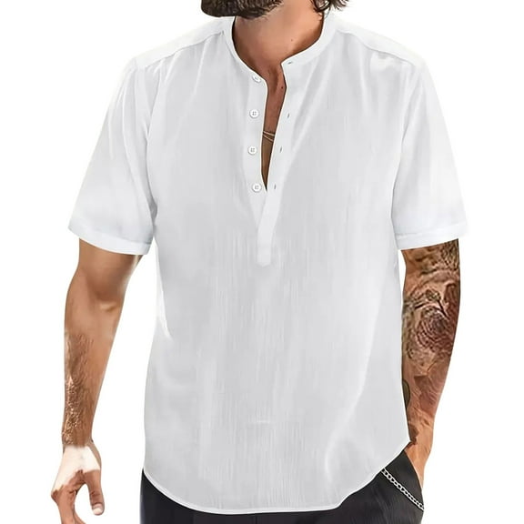 zfhfof Men's Cotton Linen Casual Henley Shirt Band Collar Short Sleeve Shirt Summer Beach Hippie T-Shirt