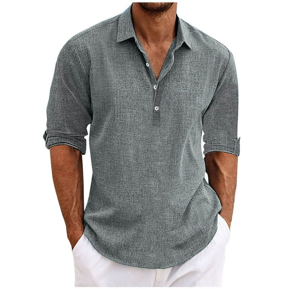 zfhfof Men's Cotton Linen Shirts Roll Up Long Sleeve Casual T-Shirt Summer Button Collared Beach Hippie Tee Shirt