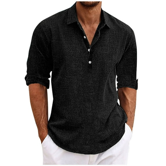zfhfof Men's Cotton Linen Shirts Roll Up Long Sleeve Casual T-Shirt Summer Button Collared Beach Hippie Tee Shirt