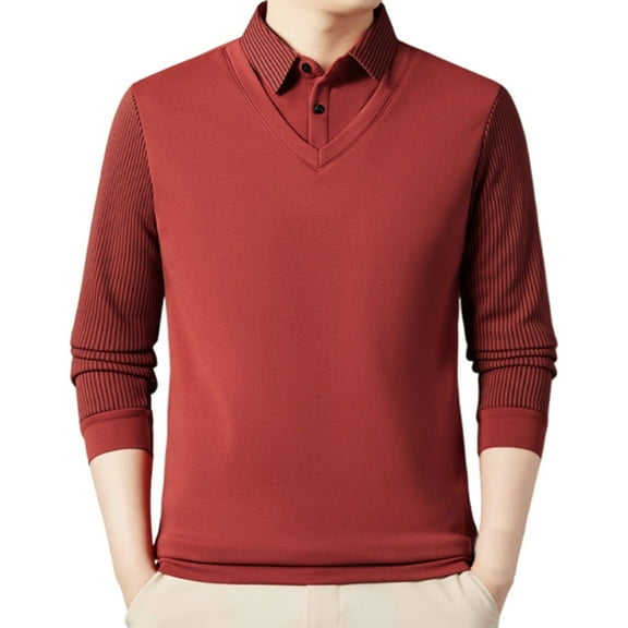 zfhfof Men's Faux Two Piece Lapel Long Sleeve Tops Striped Button Collared Polo Shirts Fall Winter Fleece Warm Casual Fashion Base Tops