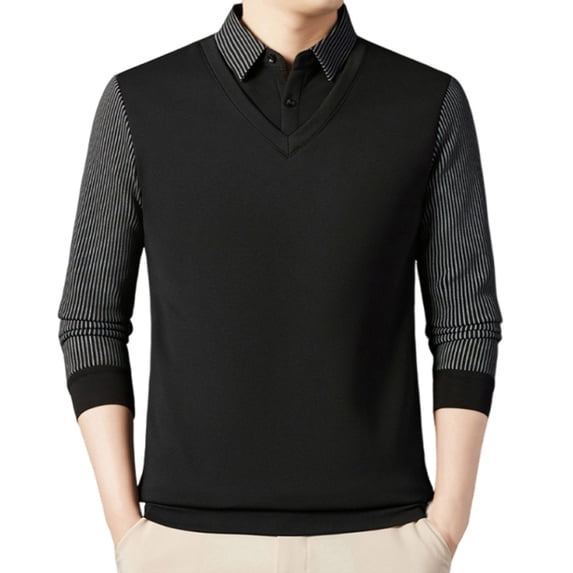 zfhfof Men's Faux Two Piece Lapel Long Sleeve Tops Striped Button Collared Polo Shirts Fall Winter Fleece Warm Casual Fashion Base Tops