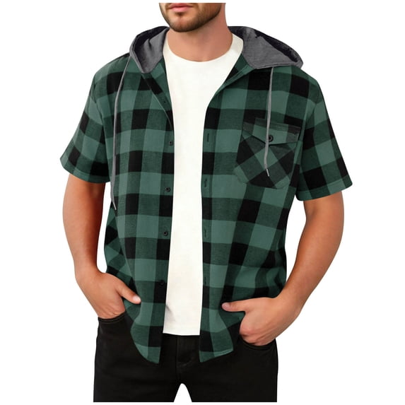 zfhfof Men's Flannel Plaid Hoodie Shirts Regular Fit Summer Casual Button Down Shirt Drawstring Lightweight Short Sleeve Hooded Tops with Pocket