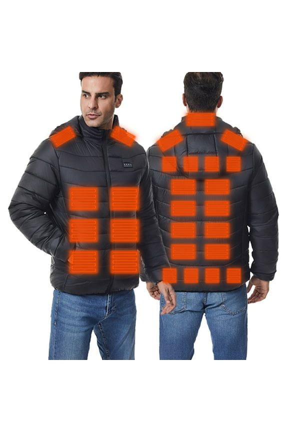 Men's Heated Jacket with Removable Hood Puffer Coat USB Charging 4 Heating Levels 27 Zones Heating Jacket for Hiking Skiing Camping