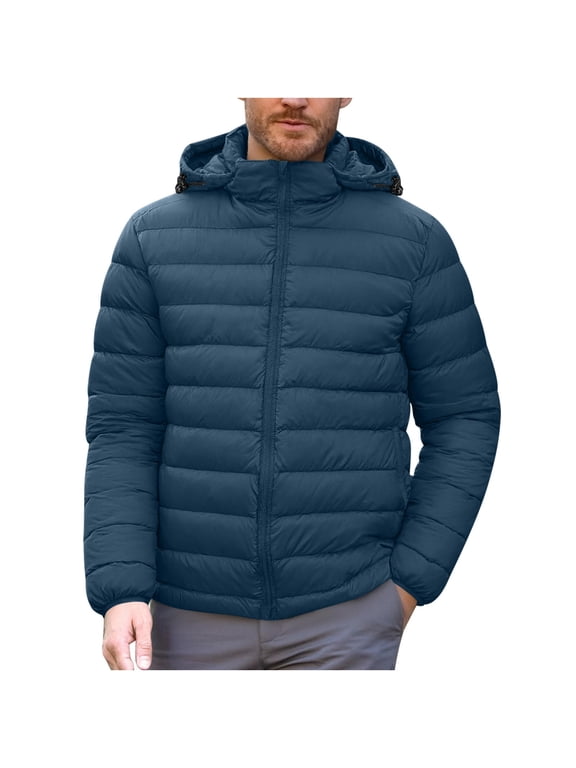 Men's Lightweight Puffer Jacket with Pockets Hooded Warm Winter Down Coat Full Zip Windproof Outdoor Travel Quilted Padded Jackets