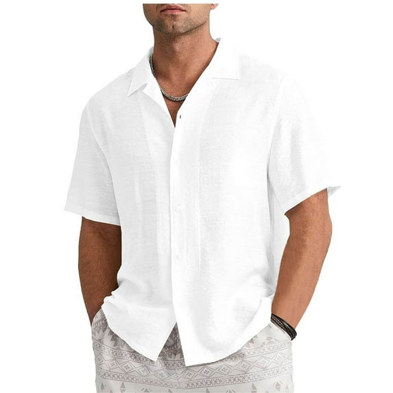 zfhfof Men's Linen Shirts Short Sleeve Casual Cuban Shirts Button Down Shirt for Men Beach Summer Wedding Shirt