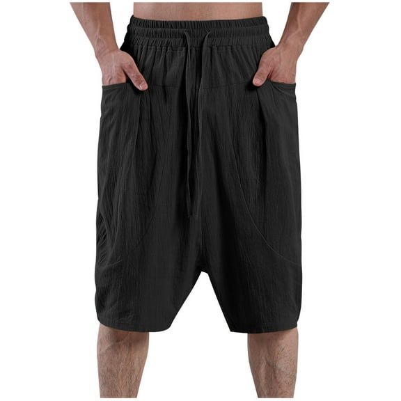 zfhfof Men's Long Cotton Linen Shorts Below Knee Pocketed 3/4 Summer Drawstring Capri Pants with Pockets Lounge Baggy Shorts