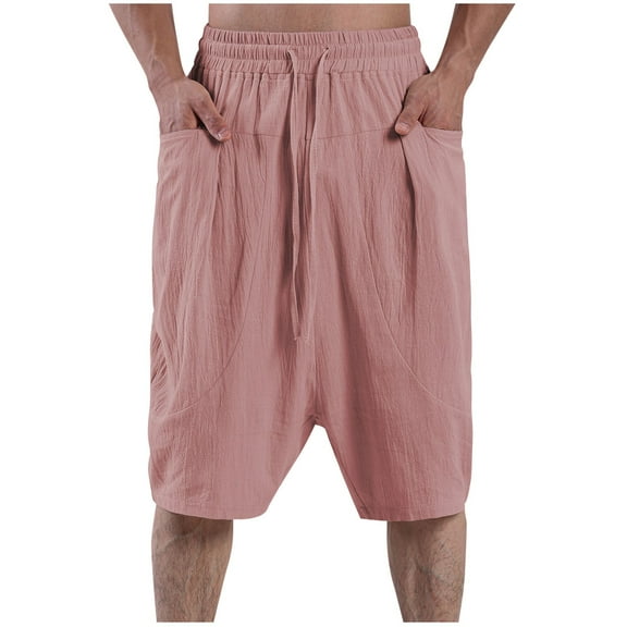 zfhfof Men's Long Cotton Linen Shorts Below Knee Pocketed 3/4 Summer Drawstring Capri Pants with Pockets Lounge Baggy Shorts