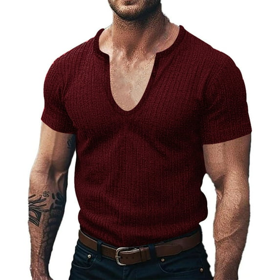 zfhfof Men's Muscle T Shirts Stretch Short Sleeve V Neck Bodybuilding Workout Tee Shirts Ribbed Knit Shirt