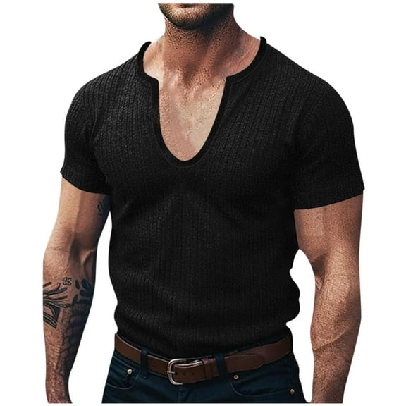 zfhfof Men's Muscle T Shirts Stretch Short Sleeve V Neck Bodybuilding Workout Tee Shirts Ribbed Knit Shirt