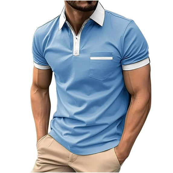 zfhfof Men's Polo Shirts 2024 Summer Short Sleeve Casual Quarter Zip T Shirt Color Block Slim Fitted Collared Golf Shirts with Pocket