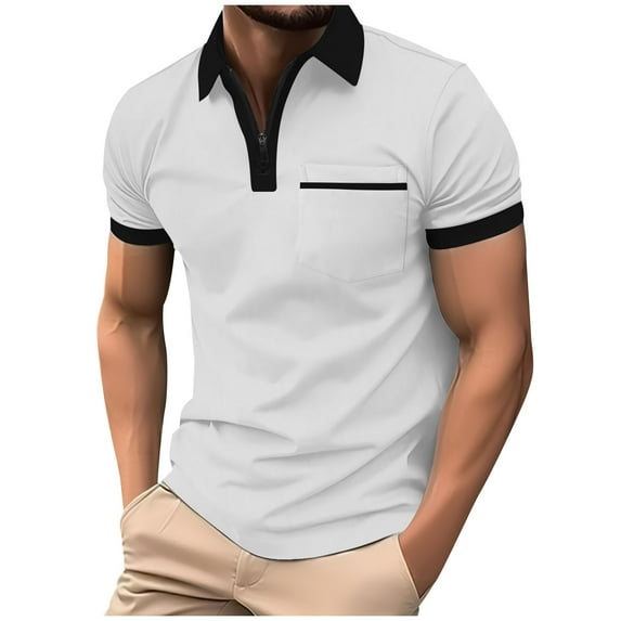 zfhfof Men's Quarter Zip Polo Shirts Slim Fit Casual Short Sleeve Golf Shirts Contrast Color Athletic Golf Shirts with Chest Pocket