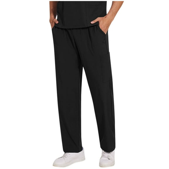zfhfof Men's Scrub Pants with Multi Pockets Straight Leg with Drawstring Elastic Waist Stretch Nursing Workwear Trousers Long Pants