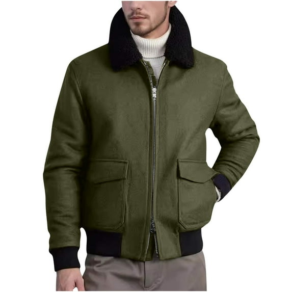 zfhfof Men's Shearling Bomber Jacket with Faux Fur Collar Fall Winter Warm Work Cargo Coat Casual Full Zip Stand Collar Outwear