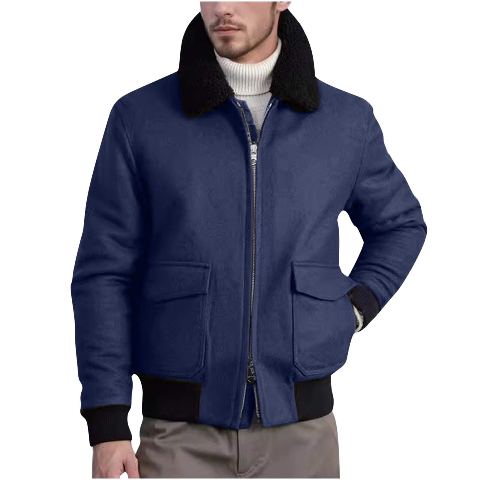 zfhfof Men's Shearling Bomber Jacket with Faux Fur Collar Fall